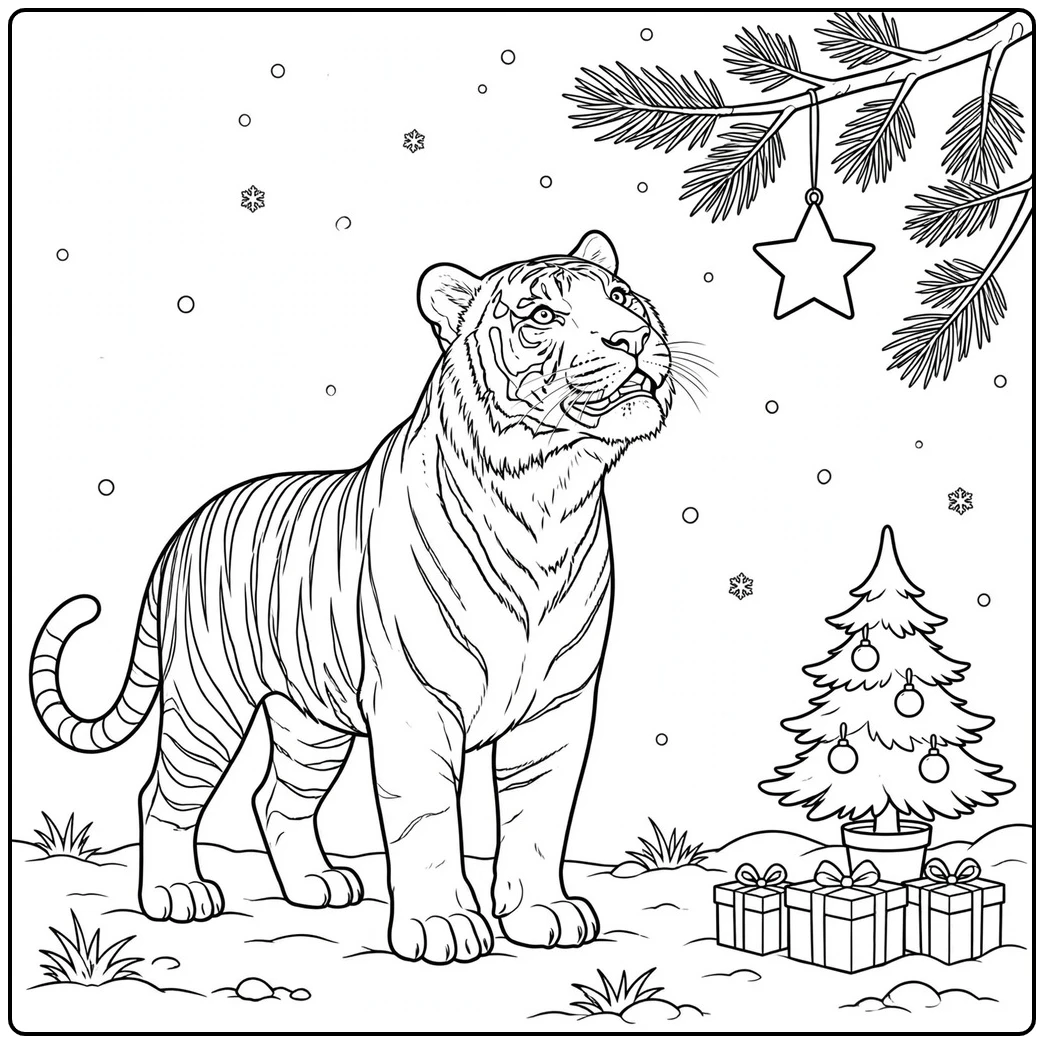 Christmas tiger coloring page with a standing tiger watching a star ornament in falling snow