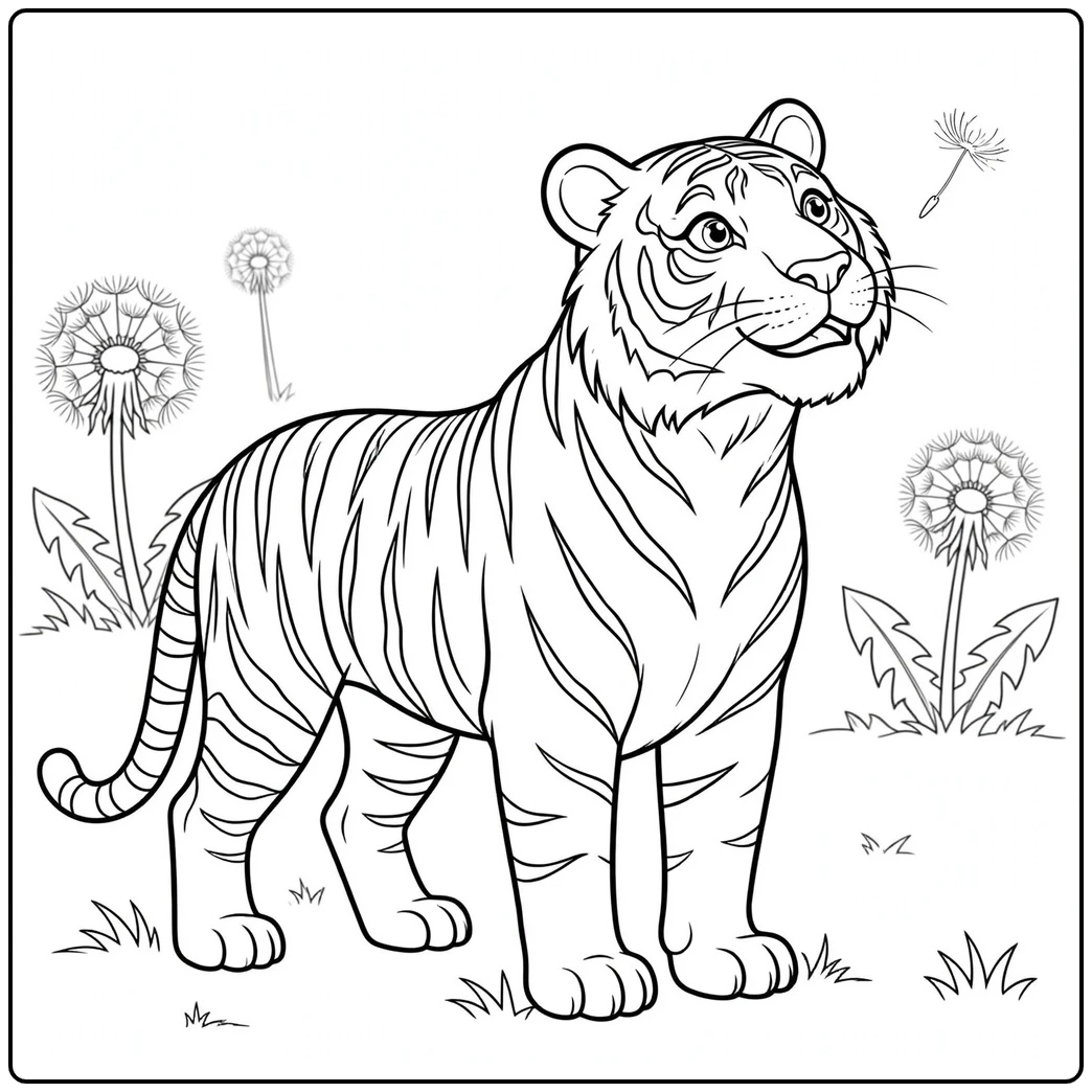 Tiger coloring page with an adult tiger watching a drifting dandelion seed in grass