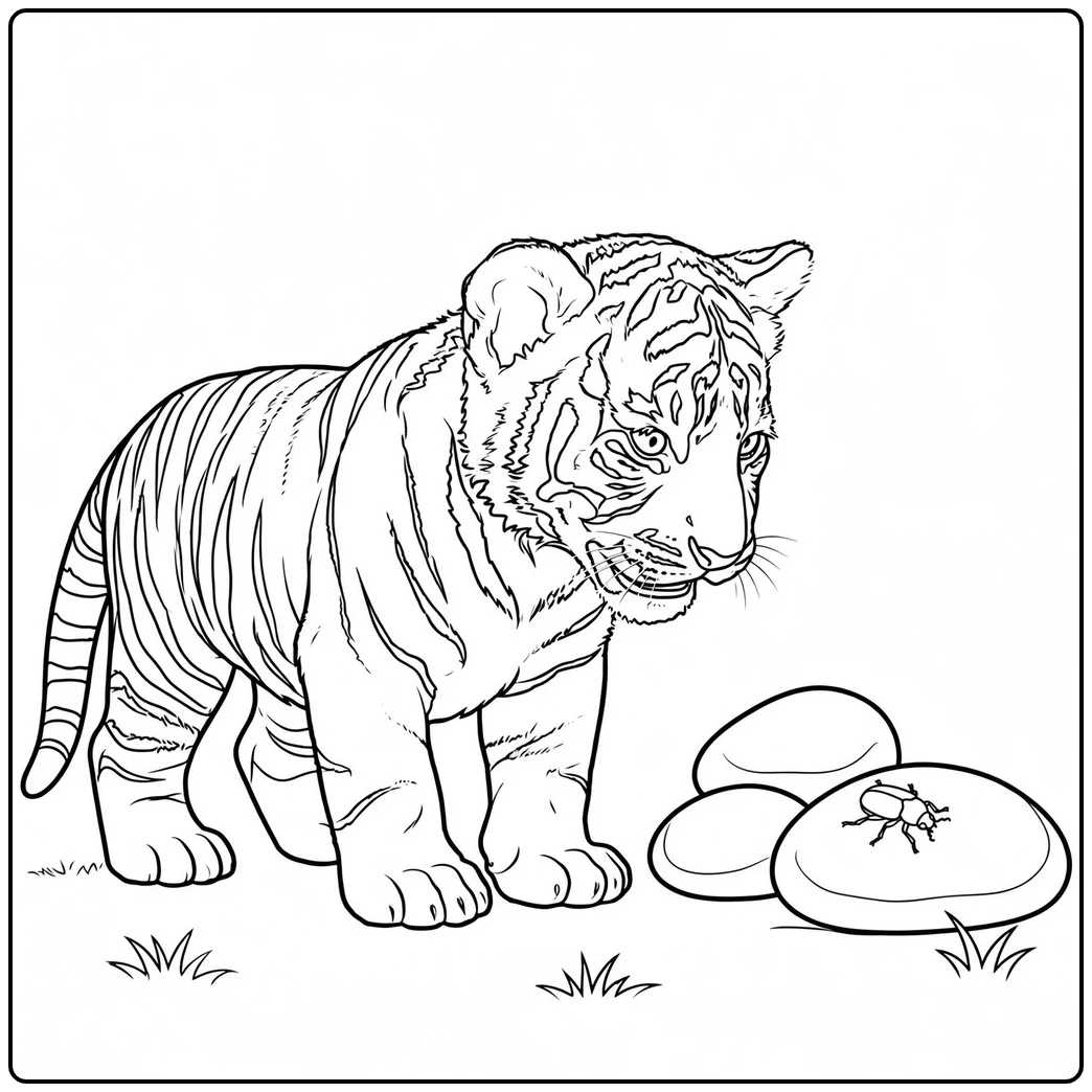 Young tiger watches a tiny beetle resting on smooth stones beside sparse grass