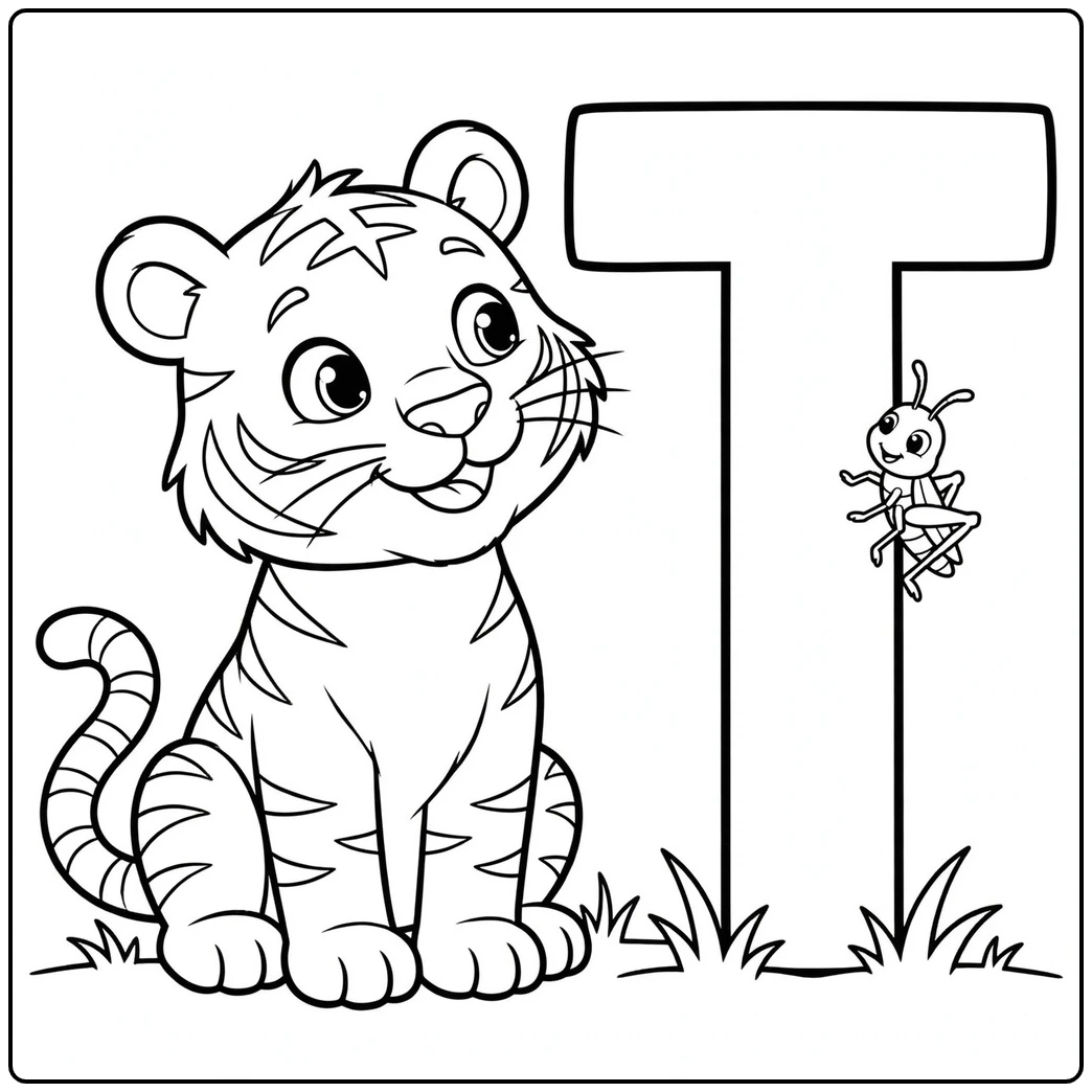 T is for tiger coloring page with a seated cub watching a grasshopper on the letter