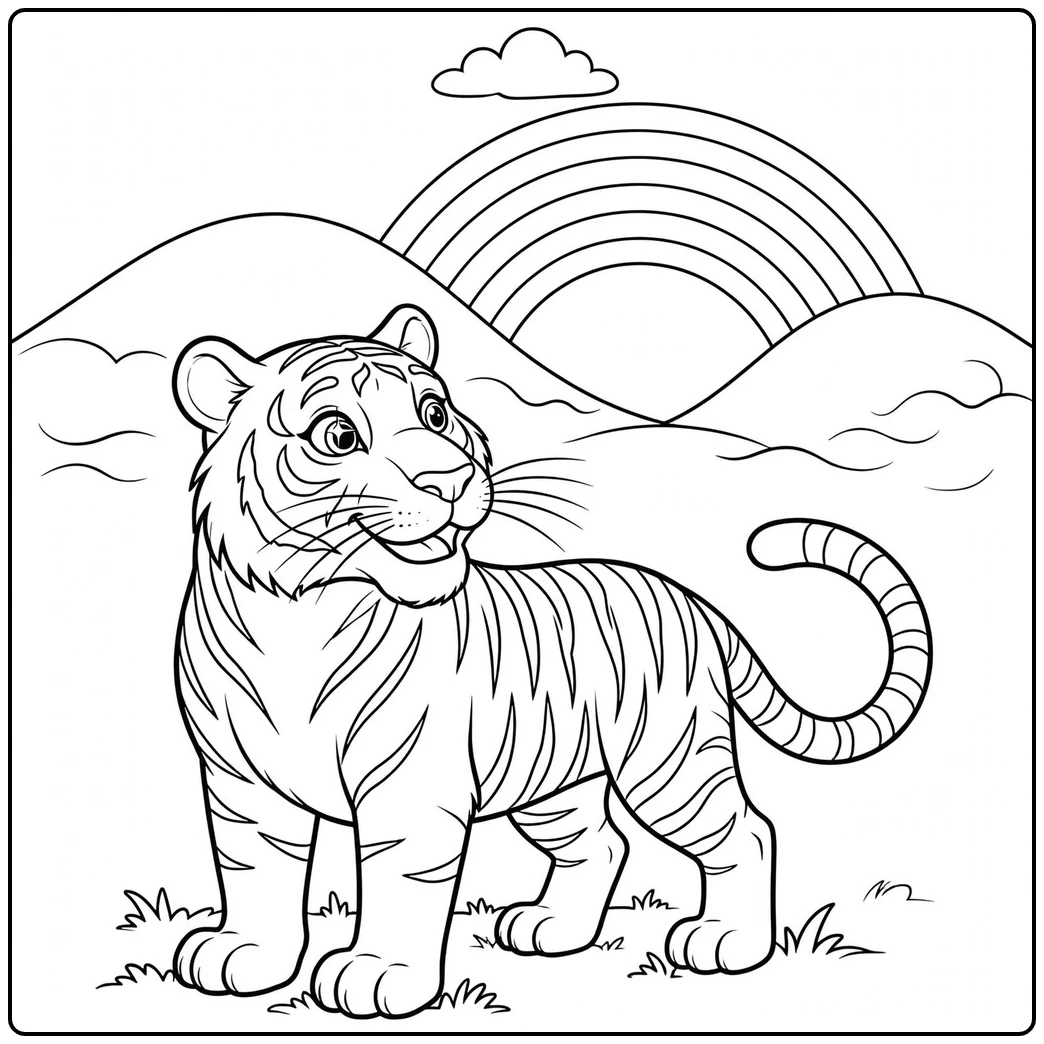Adult tiger stands before rolling hills as a broad rainbow rises beneath a small cloud