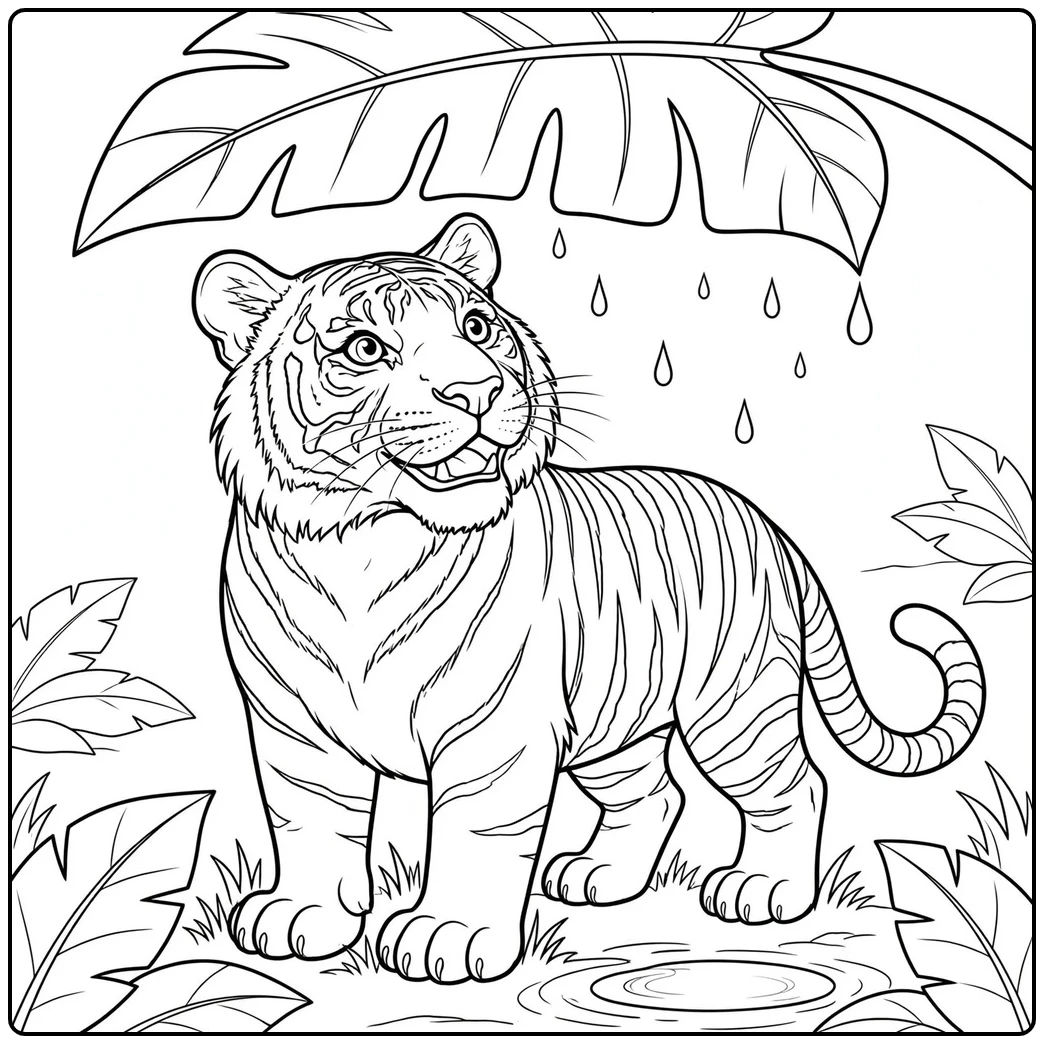 Tiger watching raindrops beneath a giant leaf beside a small puddle