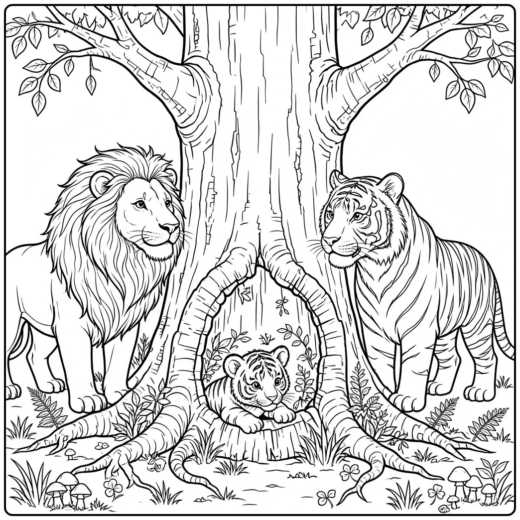 Male lion and adult tiger watch a young tiger resting inside a hollow tree