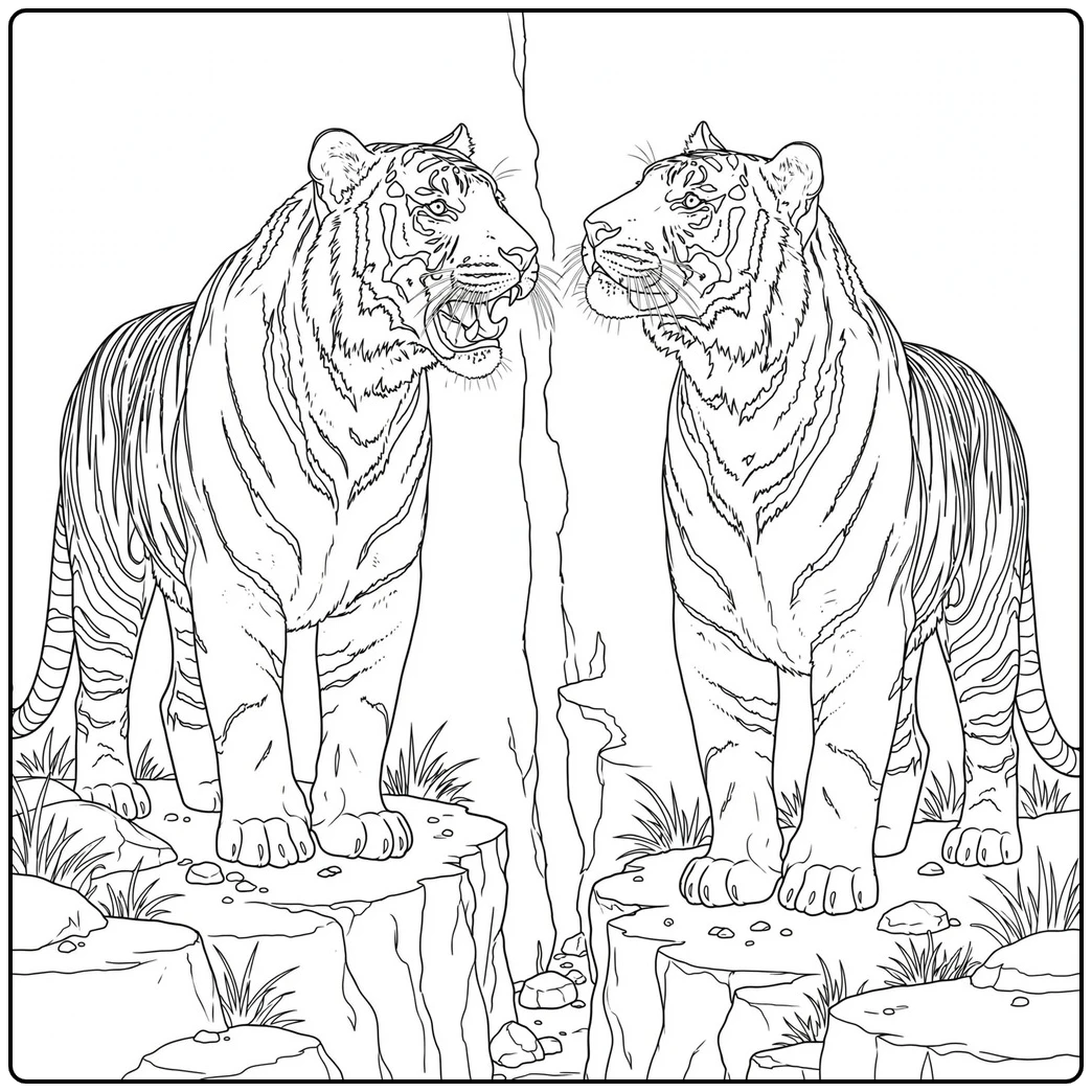 Two adult tigers calling to each other from opposite sides of a rocky ravine