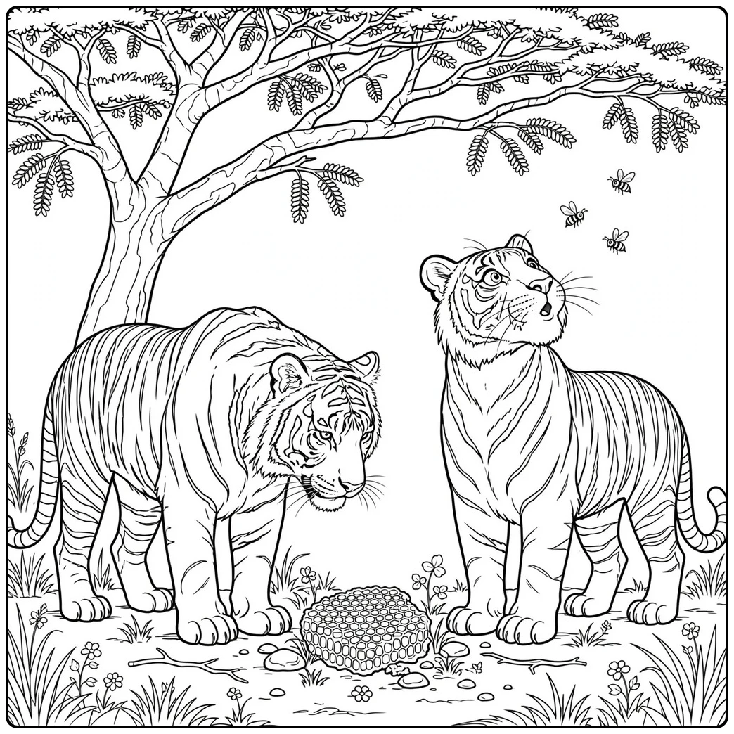 Two tigers inspect a fallen honeycomb in a detailed tiger coloring page with bees