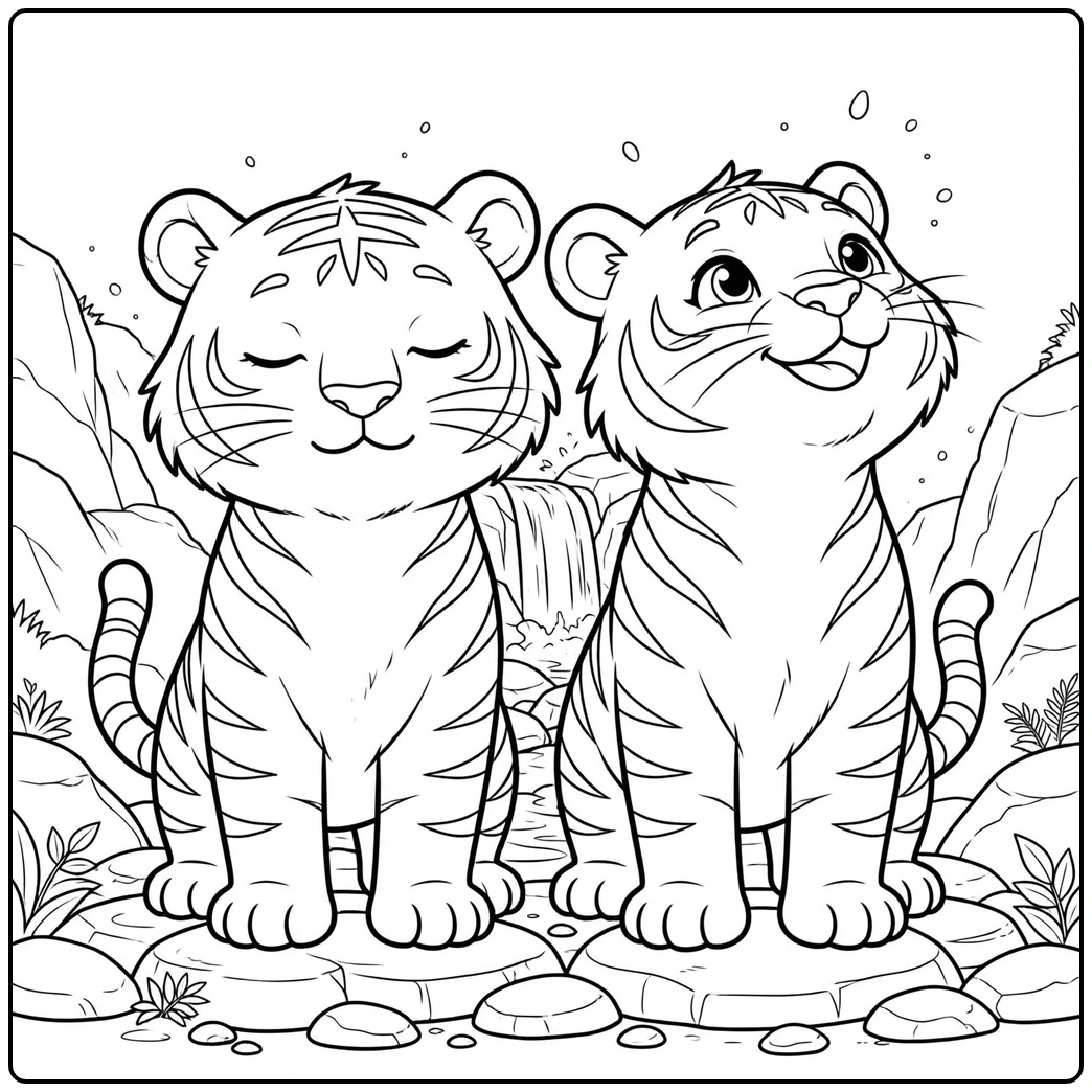Two young tigers standing on rocks beside a small cascading waterfall