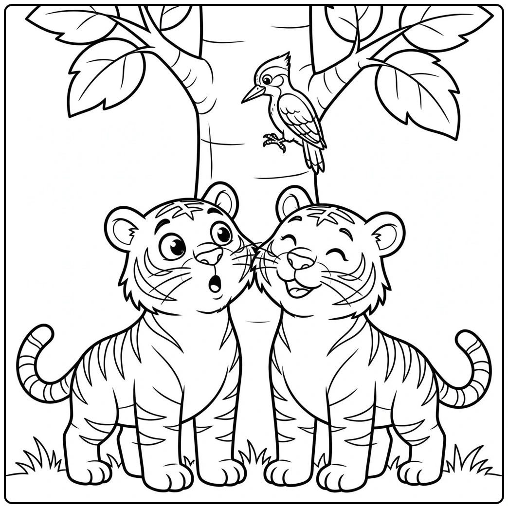 Two tigers look upward at a woodpecker perched on the trunk above them