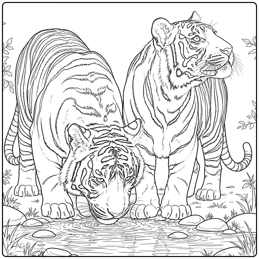 Two tigers beside a stream, one drinking while the other watches nearby