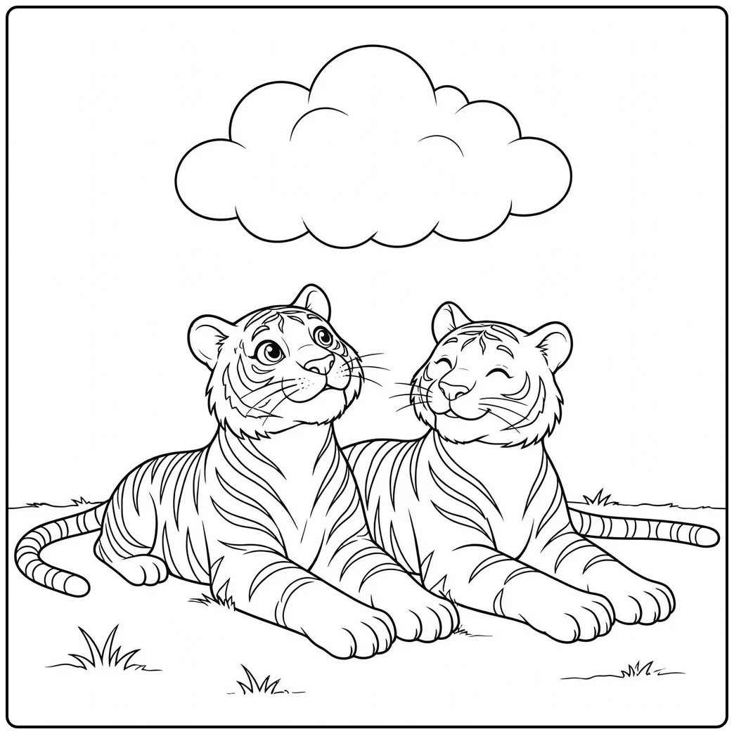 Two relaxed tigers lie side by side beneath one large cloud on an open grassy field