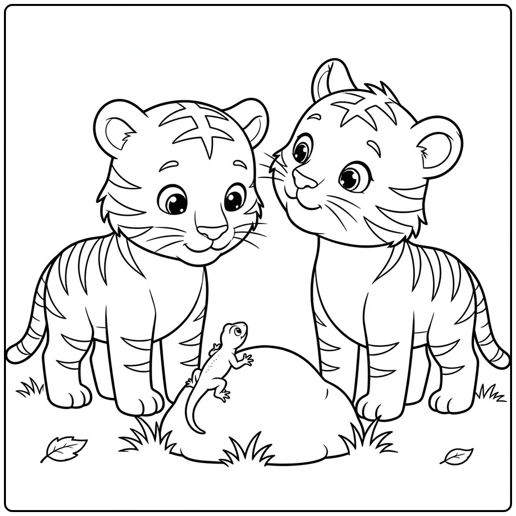 Two curious young tigers watch a small lizard climb onto a rounded rock