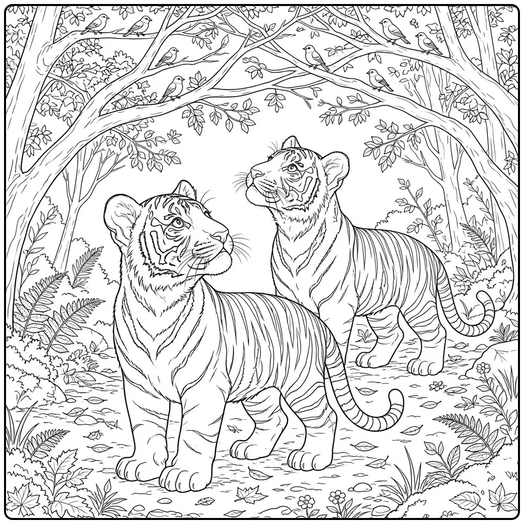 Two young tigers looking up at birds perched across leafy forest branches