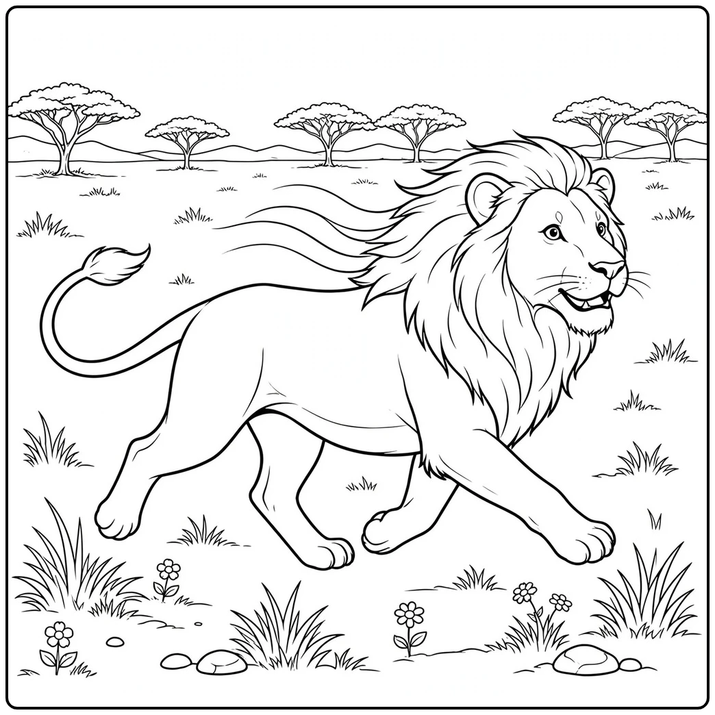 Trotting male lion with flowing mane in a lion coloring page for kids