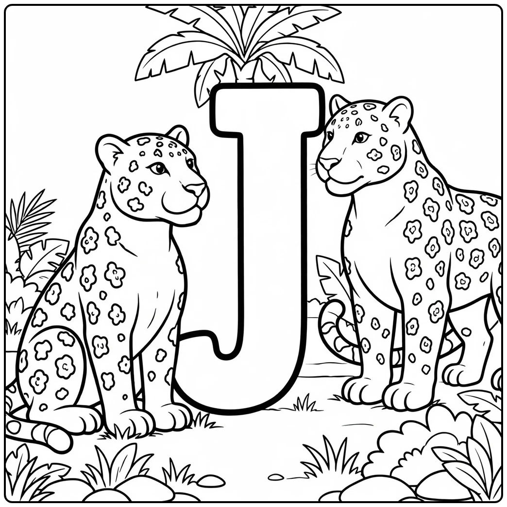 Two adult jaguars facing each other beside a giant letter J in a jungle clearing