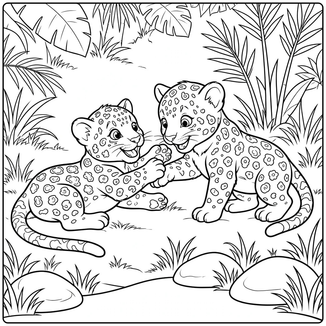 Two spotted jaguar cubs play together in a clearing surrounded by tall jungle plants