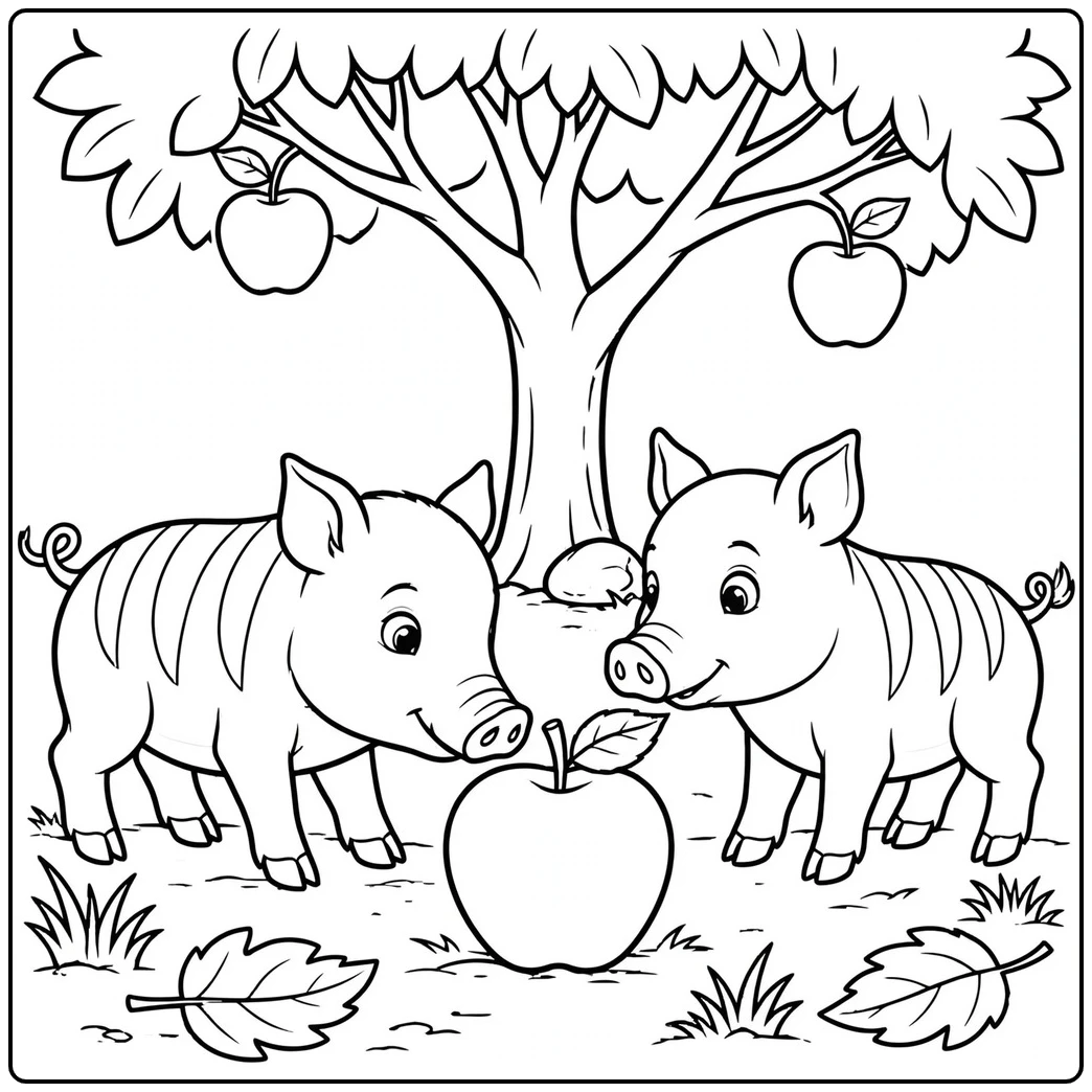 Two striped piglets examining a fallen apple beneath a leafy apple tree