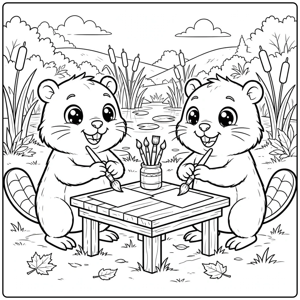 Two young beavers paint together at a low wooden table beside cattails and water