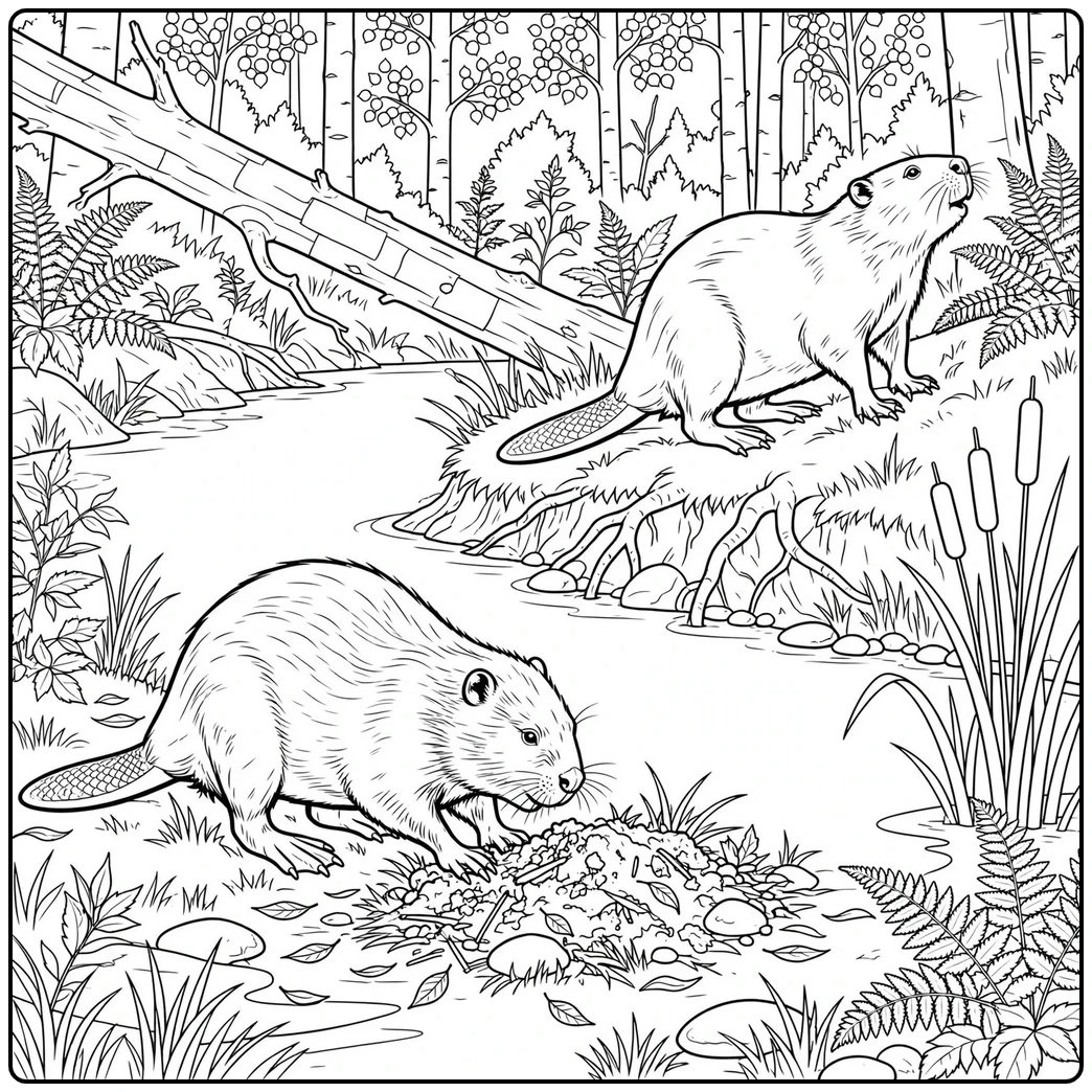 Two beavers explore a wooded streambank, one beside a small mound of mud and leaves