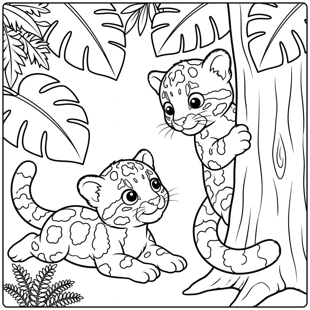 Two clouded leopard cubs playing hide-and-seek beside a large tropical tree