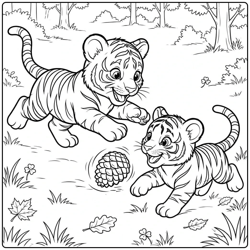 Two cubs chase a rolling pinecone in this cute baby tiger coloring page