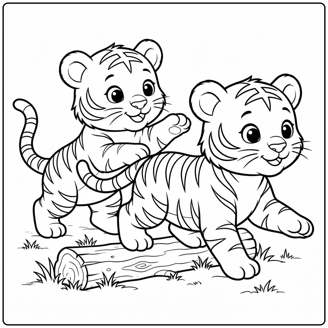 Two simple tiger cubs stepping over a short log with cheerful expressions