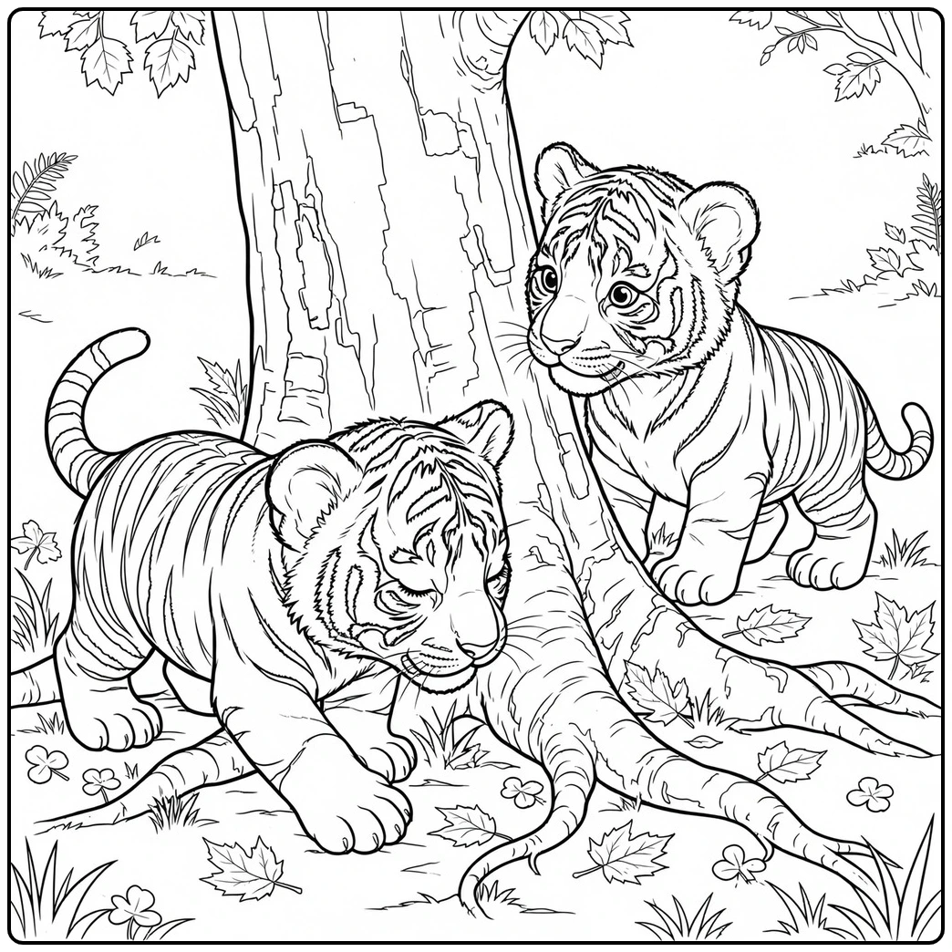 Two realistic tiger cubs exploring the roots and bark of a large tree