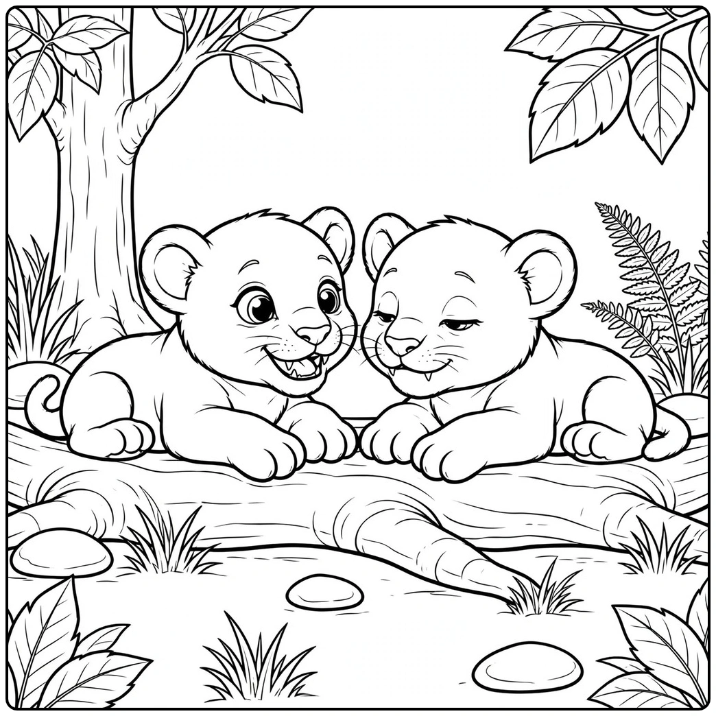 Two cubs resting face-to-face on a log in this saber tooth tiger coloring page