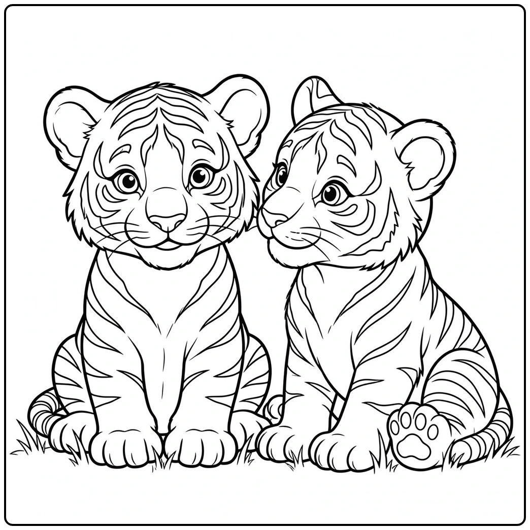Two cubs sitting closely together in a baby tiger coloring page