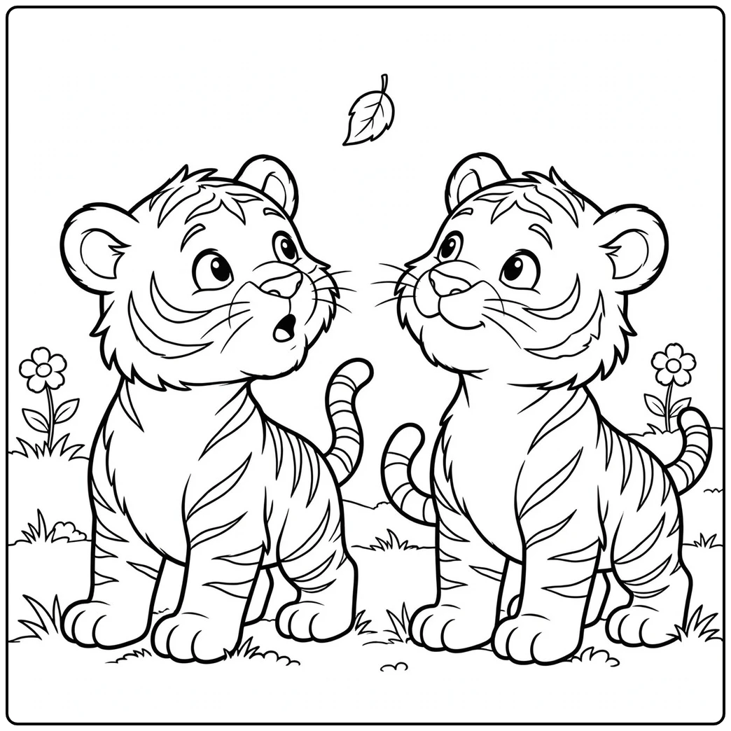 Two tiger cubs watch a falling leaf together among simple flowers and short grass