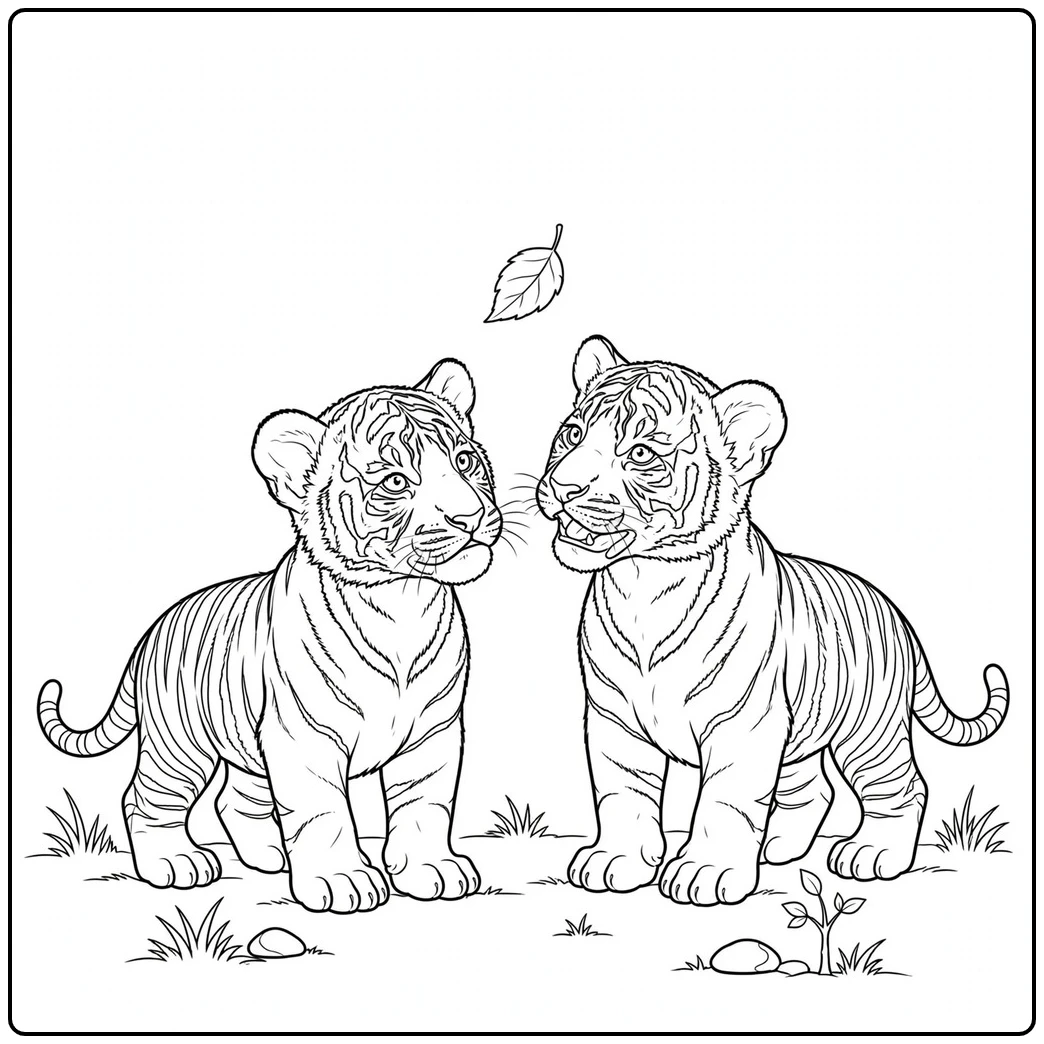 Two young tigers look upward at a falling leaf in this tiger coloring page