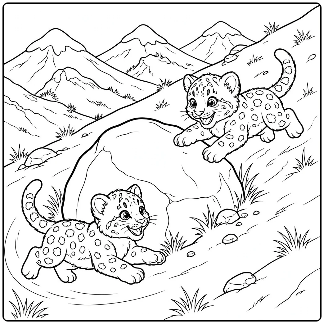 Two spotted snow leopard cubs exploring a rocky den beneath snowy mountain peaks