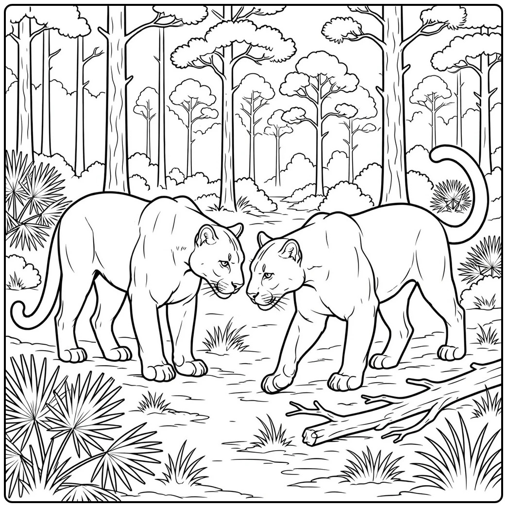 Two Florida panthers greeting nose to nose on a quiet pine forest trail