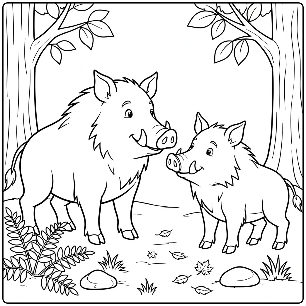 Two adult boars facing each other in a woodland clearing framed by leafy trees