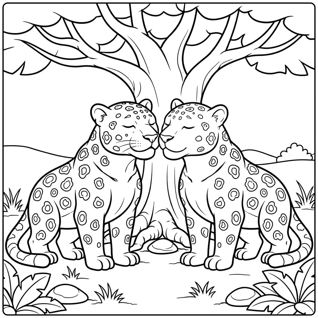 Two adult jaguars touching noses beneath a large tree on a jaguar coloring page for kids