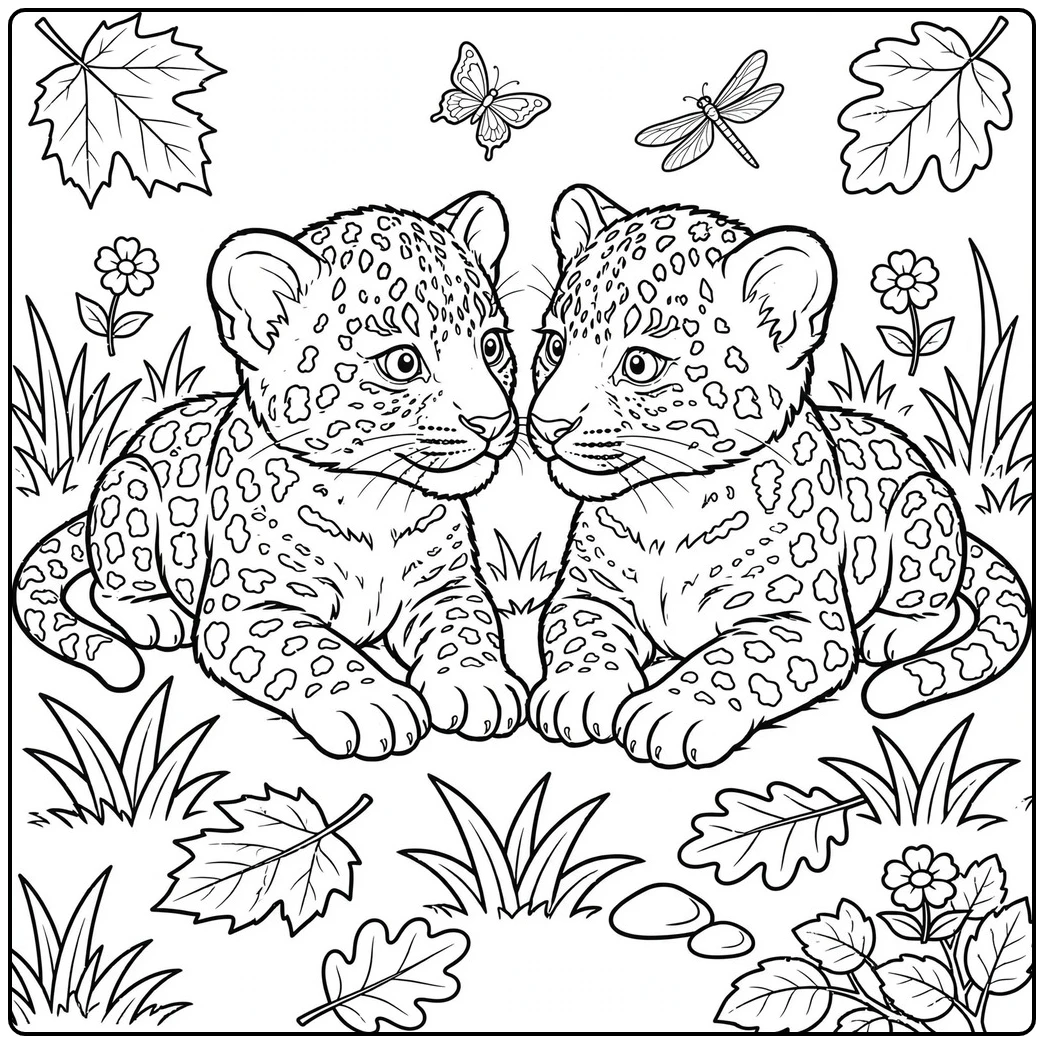 Two realistic leopard cubs rest nose to nose among grass, flowers, and insects