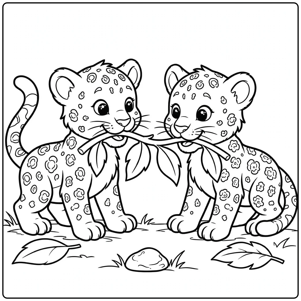 Two baby leopard cubs face each other while holding the same leafy twig