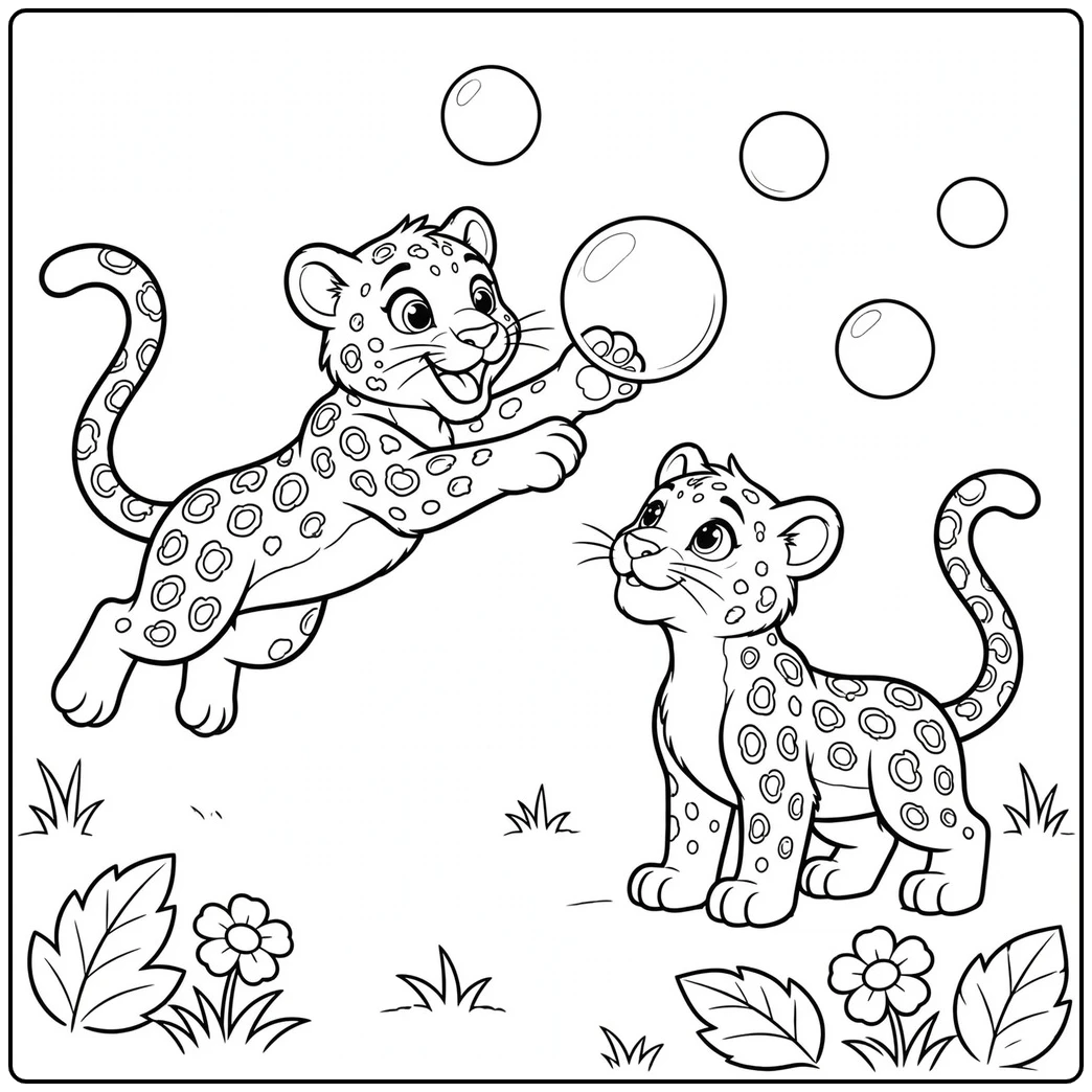 Two spotted leopards chase floating bubbles above simple flowers and grass