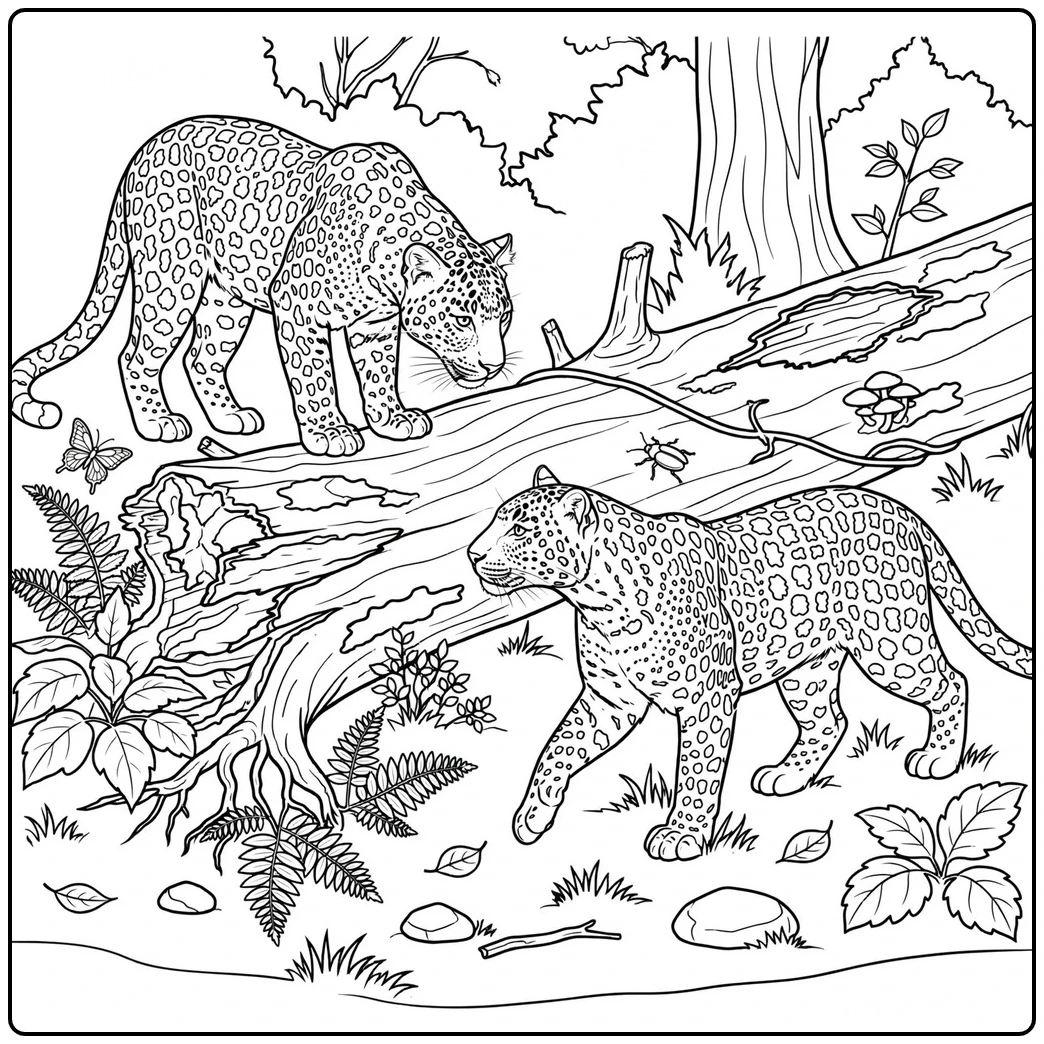 Two adult leopards cross paths beside a fallen log surrounded by ferns and insects