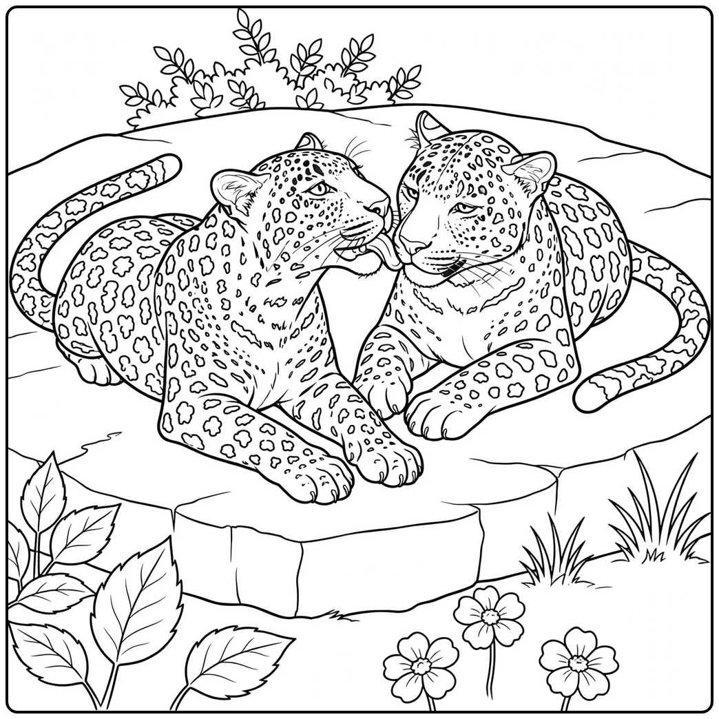 Leopard coloring pages feature two adults gently grooming together on a broad rock