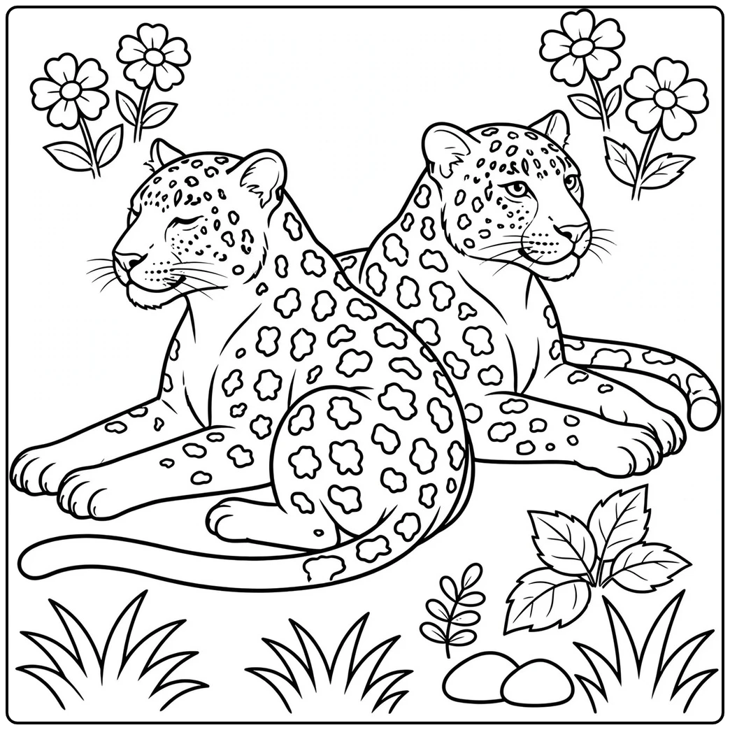 Two relaxed adult leopards rest back to back among flowers, leaves, and meadow grass