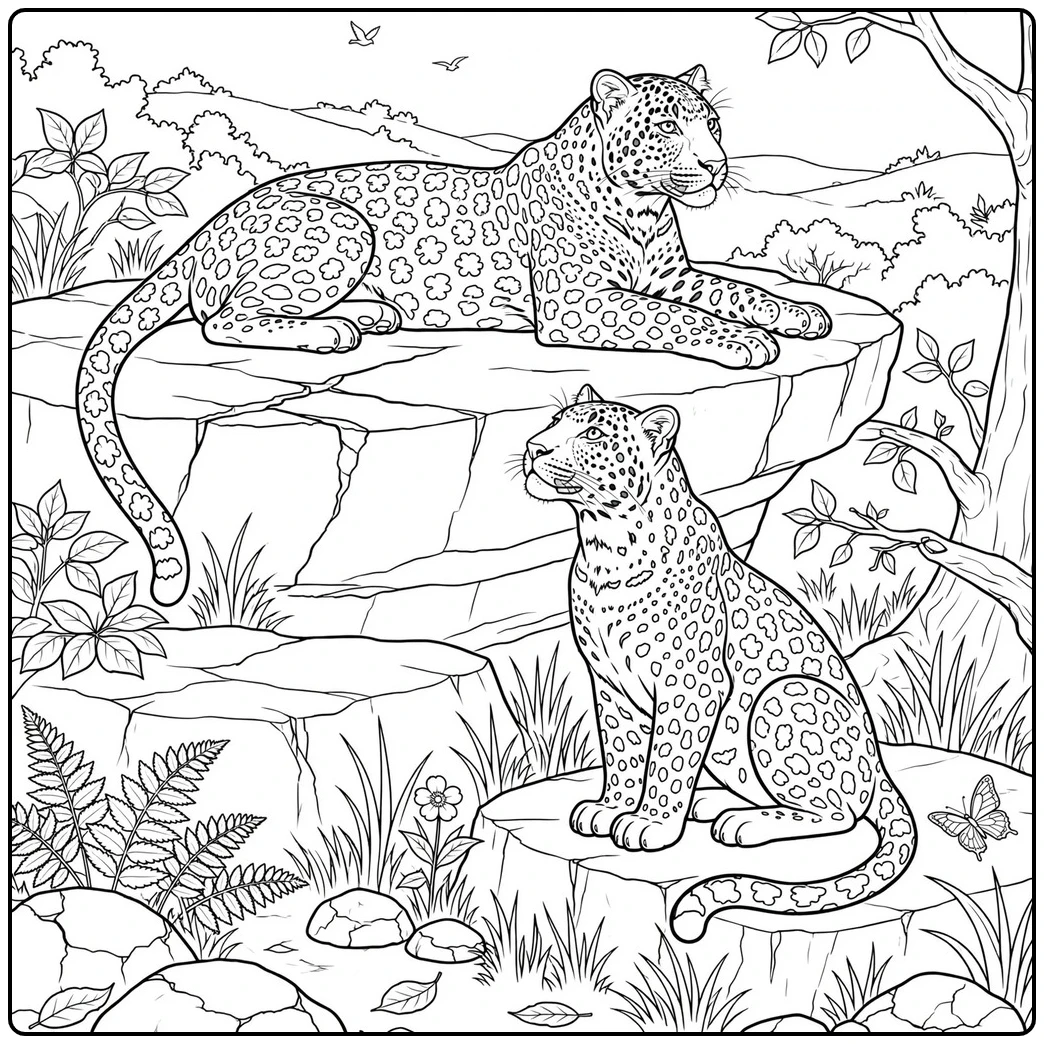 Two leopards on rocky ledges create a detailed leopard coloring page for adults