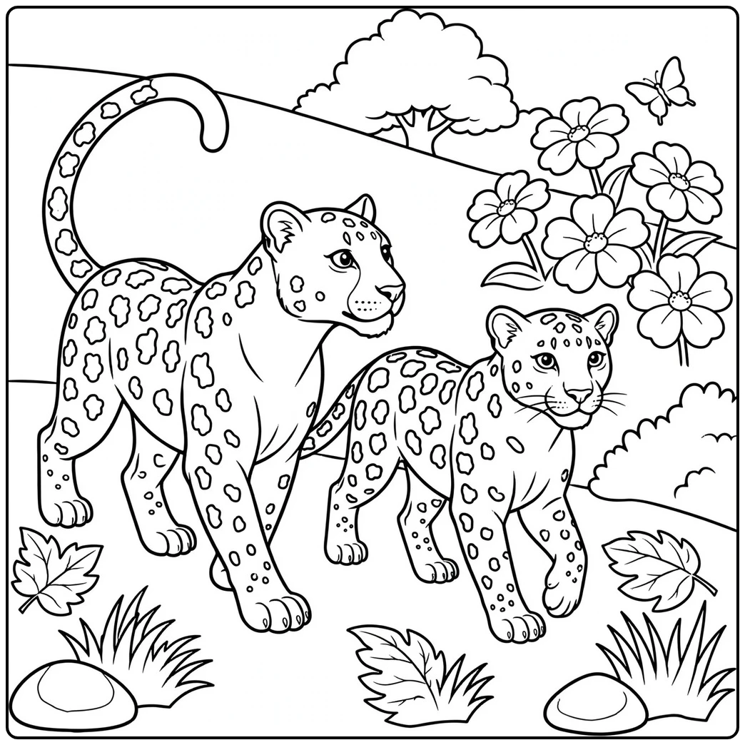 Two adult leopards walk side by side through a meadow filled with flowers and leaves