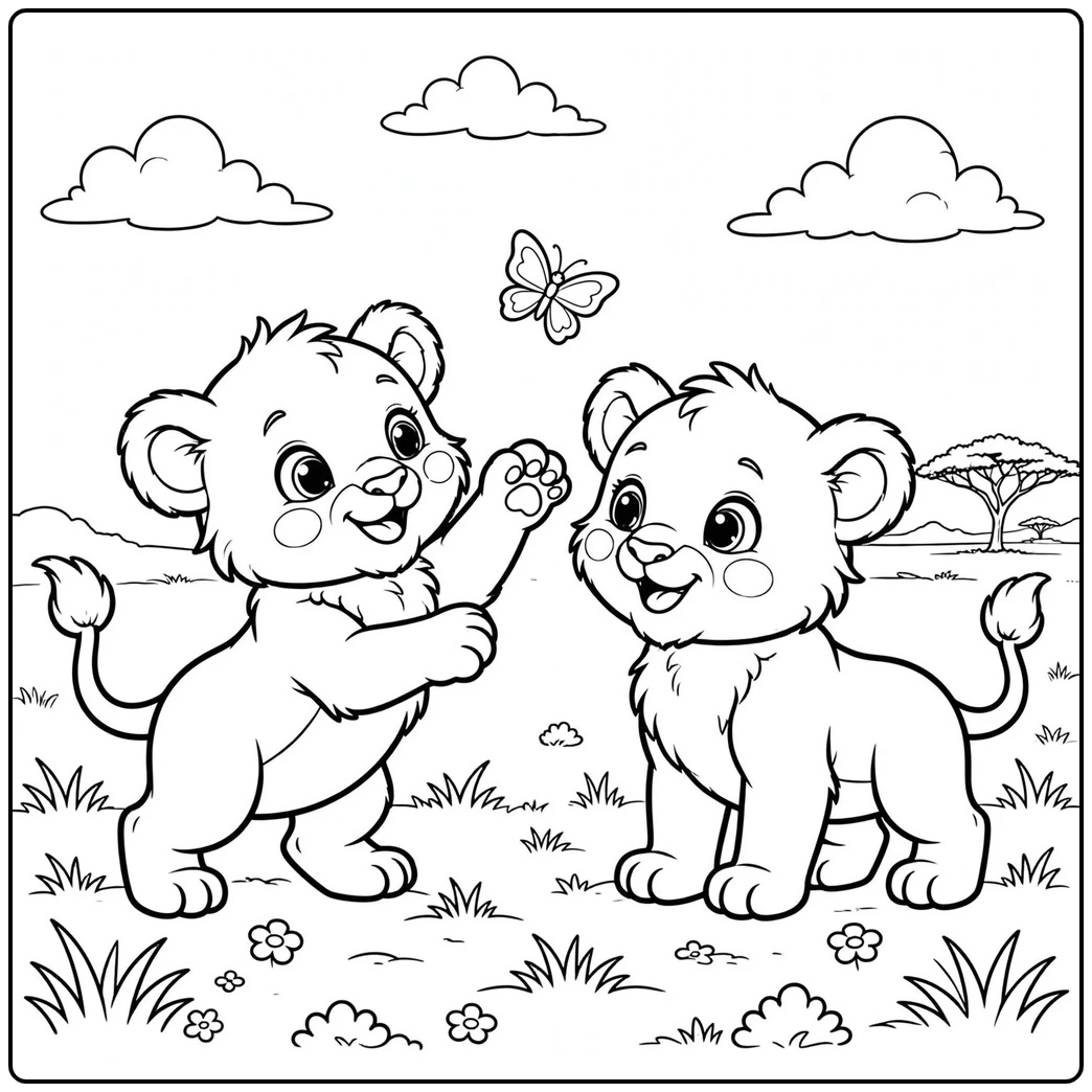 Two cubs play together beneath a butterfly in a baby lion coloring page