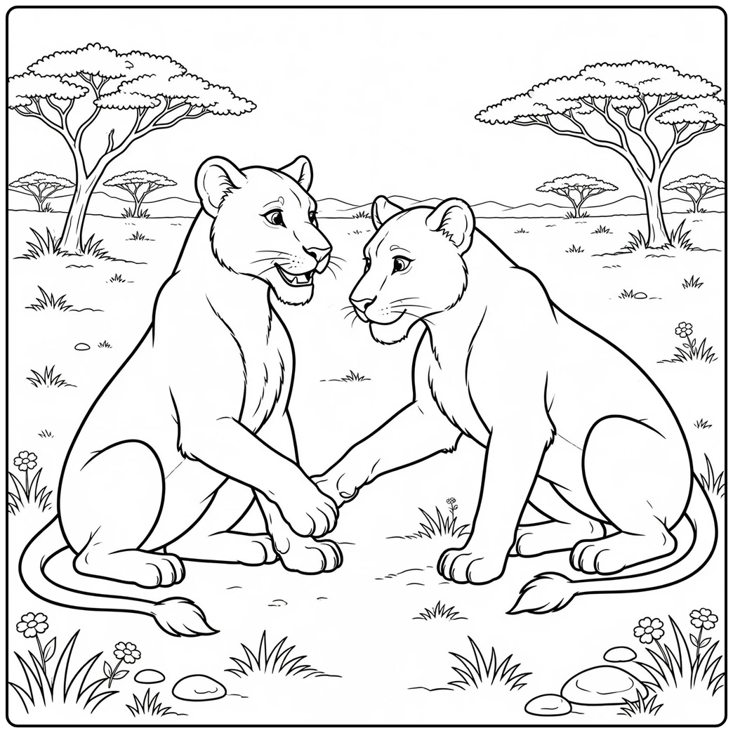 Two adult lionesses sit facing each other and gently touch their front paws