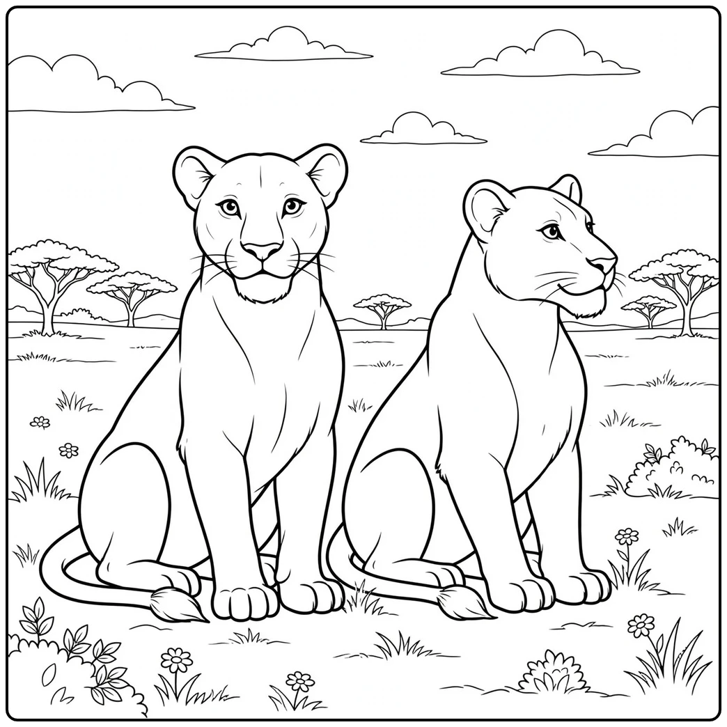 Two lionesses sit side by side on open grassland with acacia trees behind them