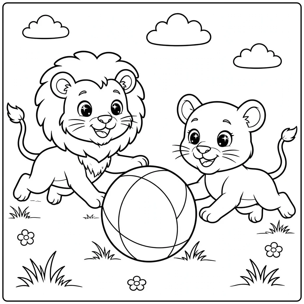 Two lions chase a large rolling ball in a lion cartoon coloring page with flowers