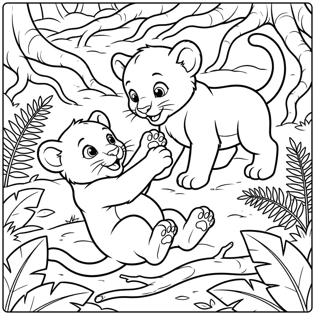 Two baby panther cubs playing together beneath large tree roots and tropical ferns