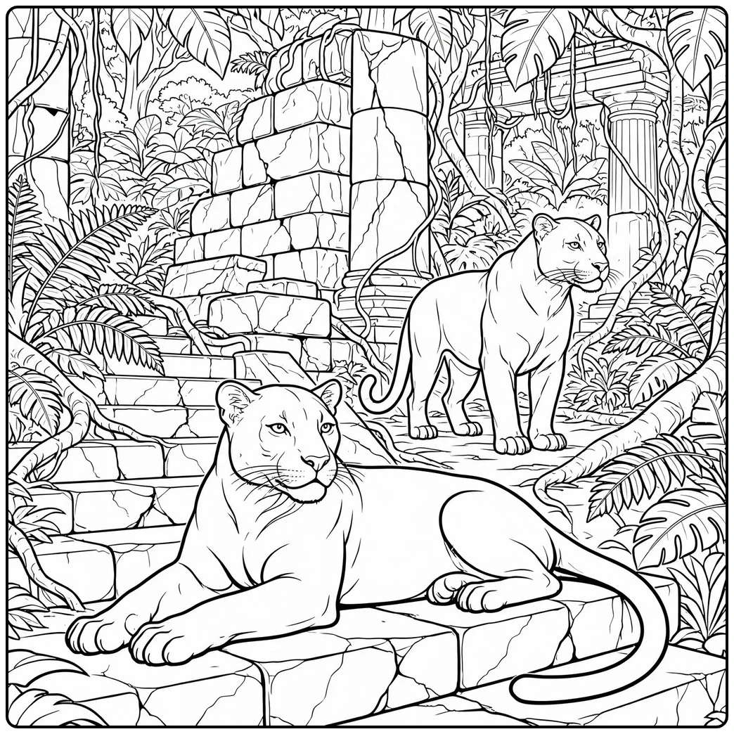 Two panthers resting among ancient temple ruins wrapped in roots, vines, and jungle foliage