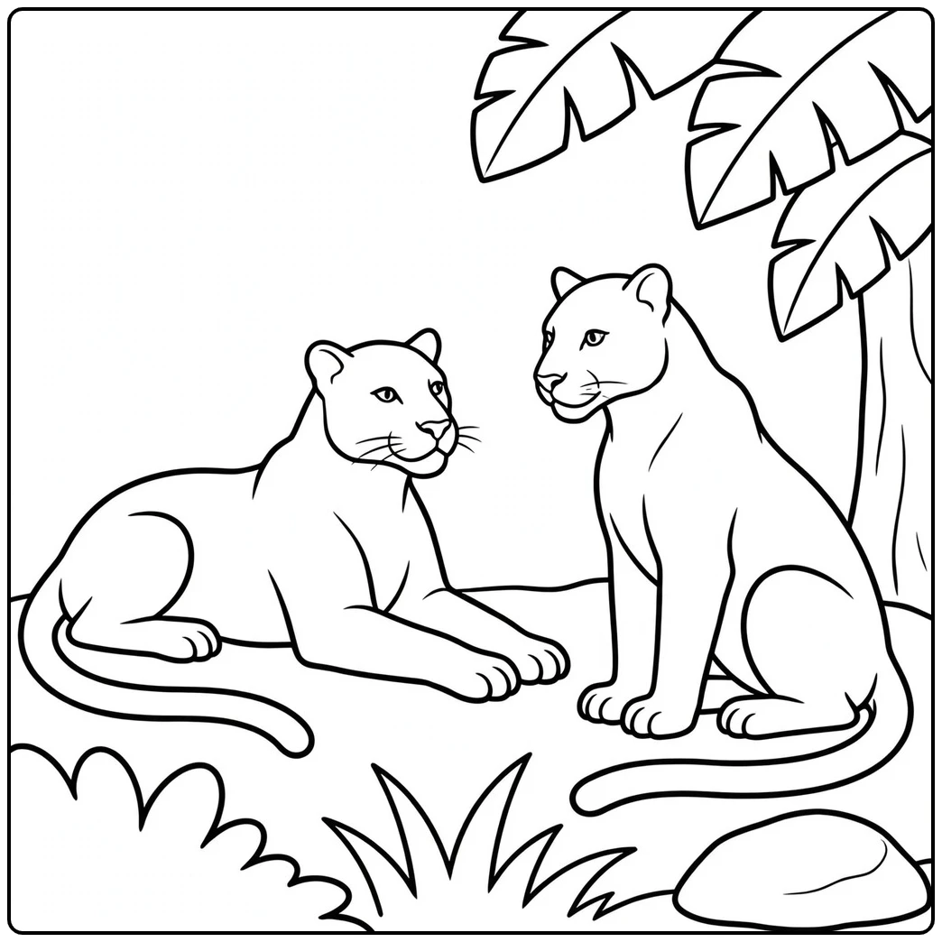 Two panthers resting together beneath a tropical tree in panther coloring pages
