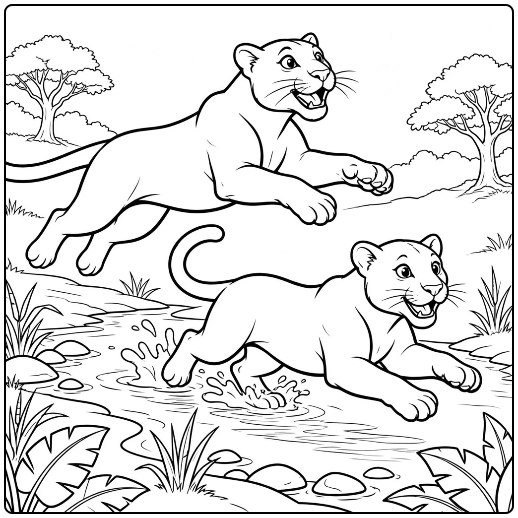 Two young panthers splashing across a creek in a cute panther coloring page scene