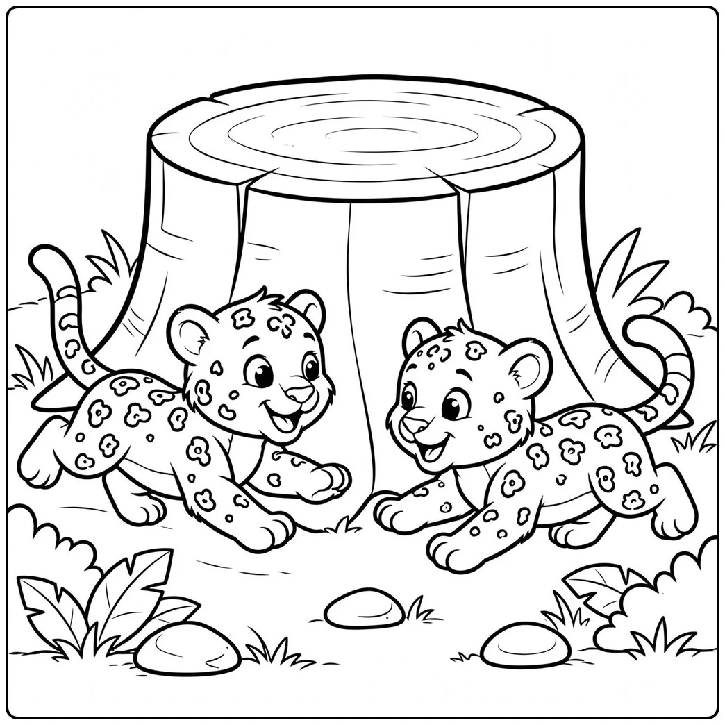 Two smiling baby jaguars chasing each other around a large tree stump in a grassy clearing